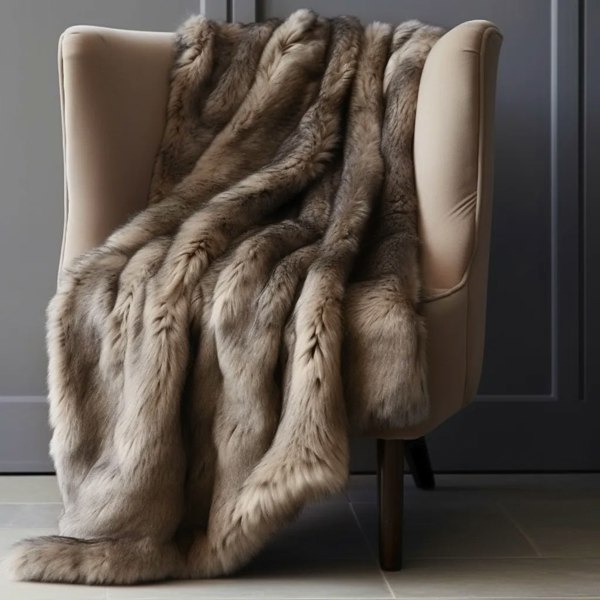 Timber wolf faux fur throw on sofa