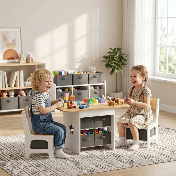 Bobobiy Kids Table and Chair Set, Toddler Table and 2 Chairs Set with 6 Removable Drawers, for Boys Girls Ages 3-8, Natural