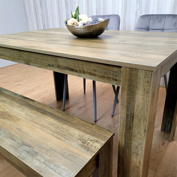 Kosy Koala Dining Table Set for 4 Rustic Effect Dining Table With 2 Grey Velvet Chairs and 1 Matching Bench