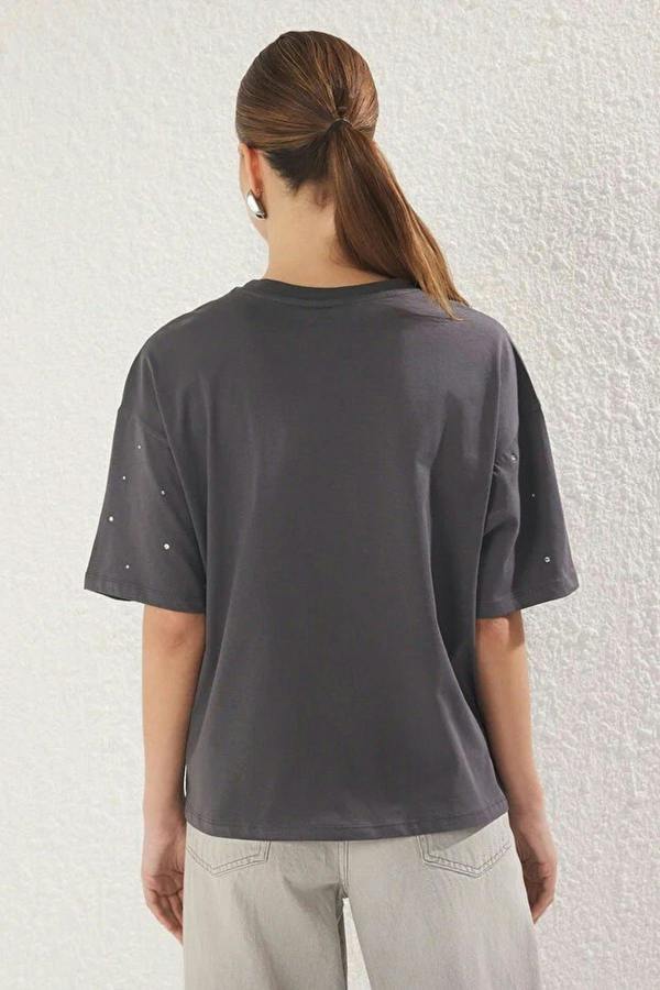 WOVCOR 100% Cotton Stone Detail Crew Neck Knitted T-Shirt