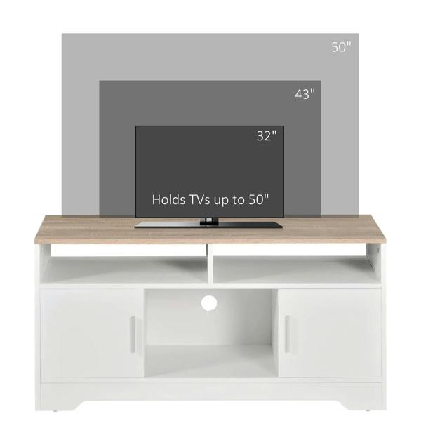 White TV stand cabinet sized for up to 50 inch TVs, open shelves and drawers