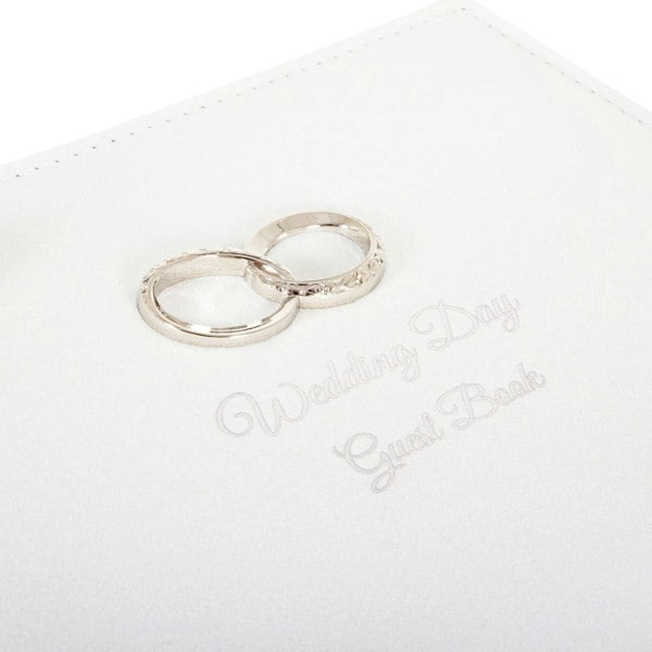 Modern Wedding Day Guest Book with Pink Faux-Silk Roses and Silver Double Rings Image 5