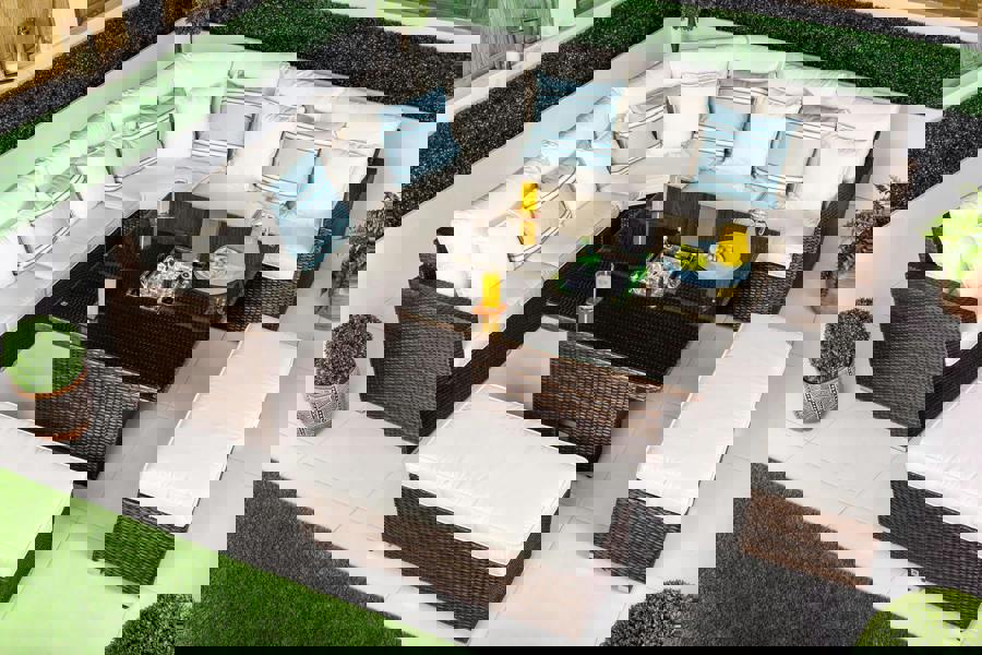 Giardino Santorini 5 Seat Modular Corner Sofa Rattan Garden Furniture Set Outdoor Adjustable Drinks Cooler Coffee Table & 2 Benches