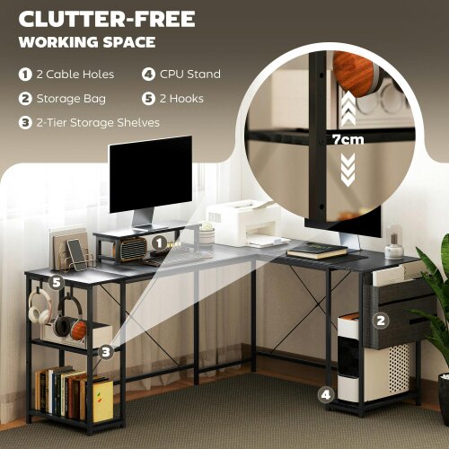 Wyld Haus Kadoso 168cm Black Reversible Industrial L Shaped Desk With Adjustable Shelves And Monitor Stand
