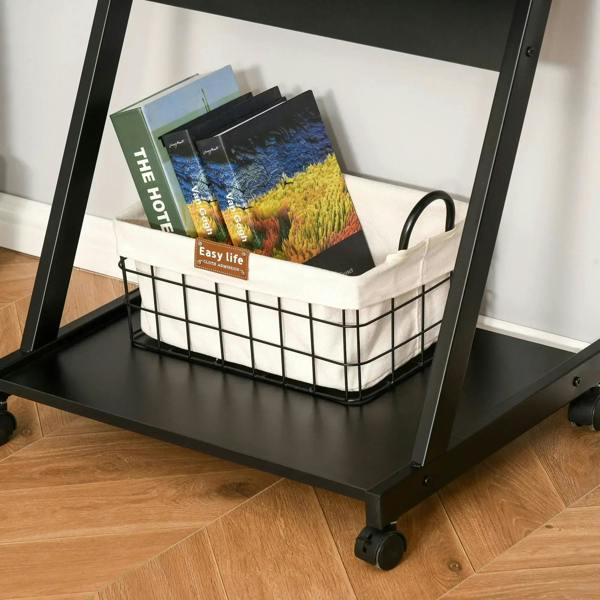 Black desk bottom shelf with wire storage basket and rolling caster wheels