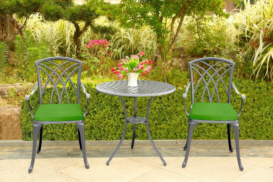 Centurion Supports OSHOWA Luxurious Garden and Patio Table and 2 Large Chairs with Armrests Cast Aluminium Bistro Set - Grey with Green Cushions