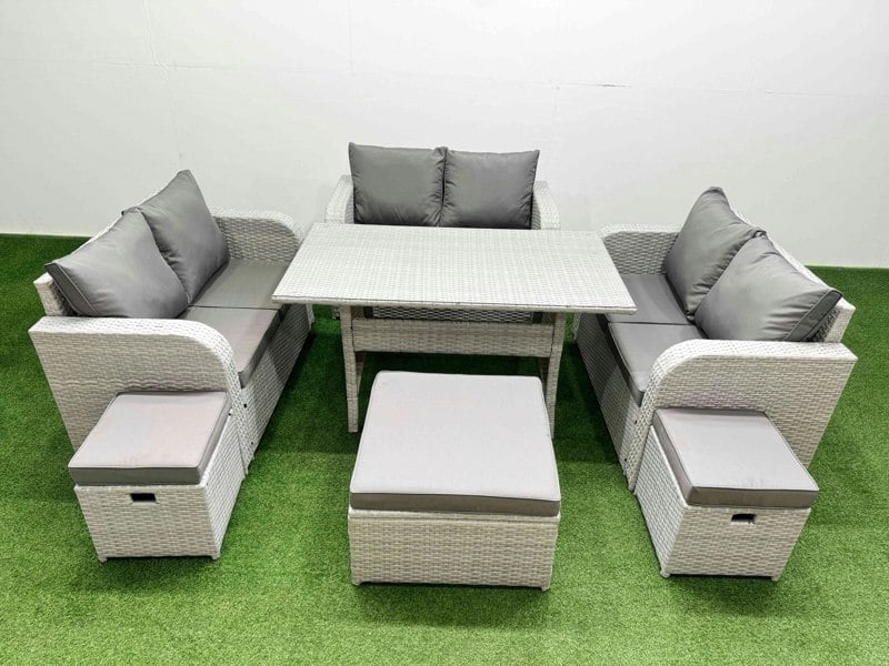 Fimous  9 Seater PE Wicker Rattan Furniture Sofa Sets with Rectangular Dining Table 2 Seater Love Sofa 3 Stool Light Grey