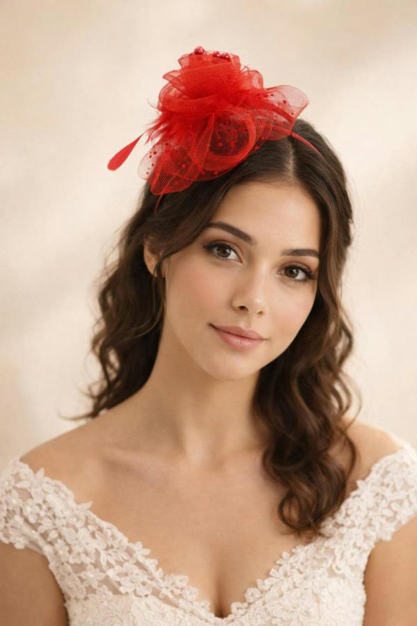 SVNX Rosette Faux Pearl & Polka Veil Feather Fascinator in Red