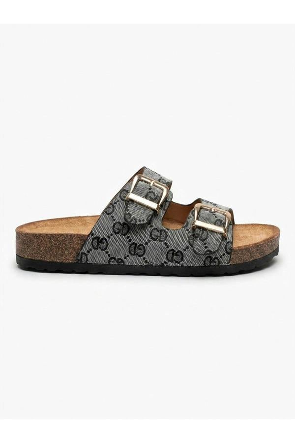 Tamsin Double Buckle Monogram Print Sliders - Black