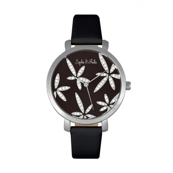 Sophie & Freda Key West Leather-Band Watch w/Swarovski Crystals - Silver/Black - SAFSF4302