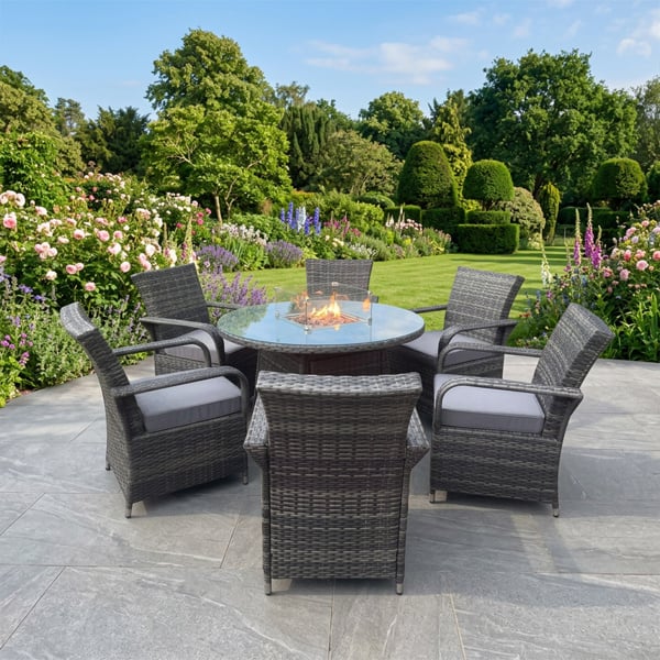 Fimous 6 Seater Rattan Garden Furniture Set with Round Gas Fire Pit Dining Table & 6 Dining Chairs - Dark Grey