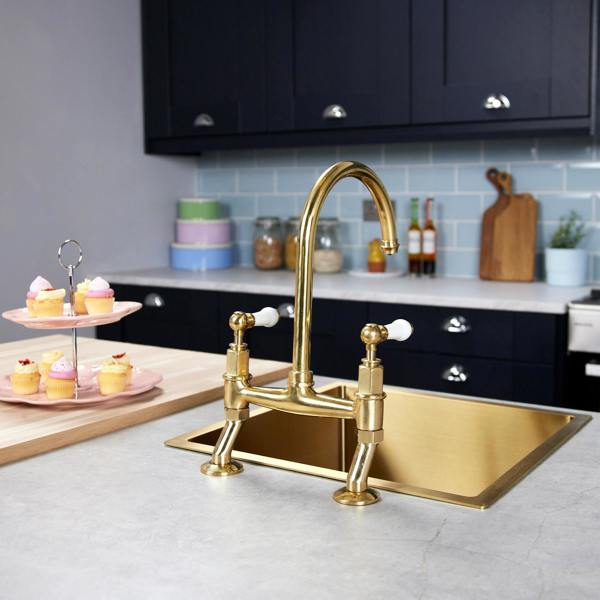 Flode Larvik | Kitchen Dual Lever Bridge Mixer Tap | Polished Brass Finish