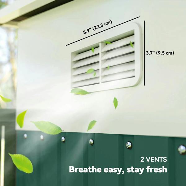 Green metal storage shed side panel with two air vent louvers