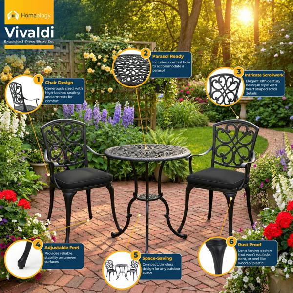Homeology VIVALDI Black 3-Piece Cast Aluminium Garden Bistro Set - with Black Cushions