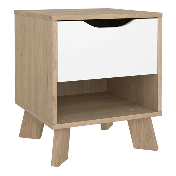 Wyld Haus Hobro White and Natural Oak Wood Nightstand 1 Drawer