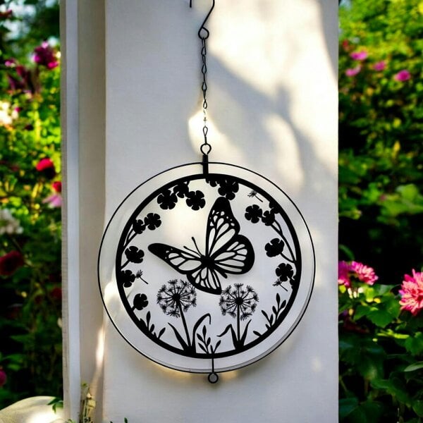 EDH Door Hardware Black Metal Butterfly Hanging Silhouette Orbit Spinner – 39cm x 23cm | Elegant Outdoor Garden Décor | Wind Spinner