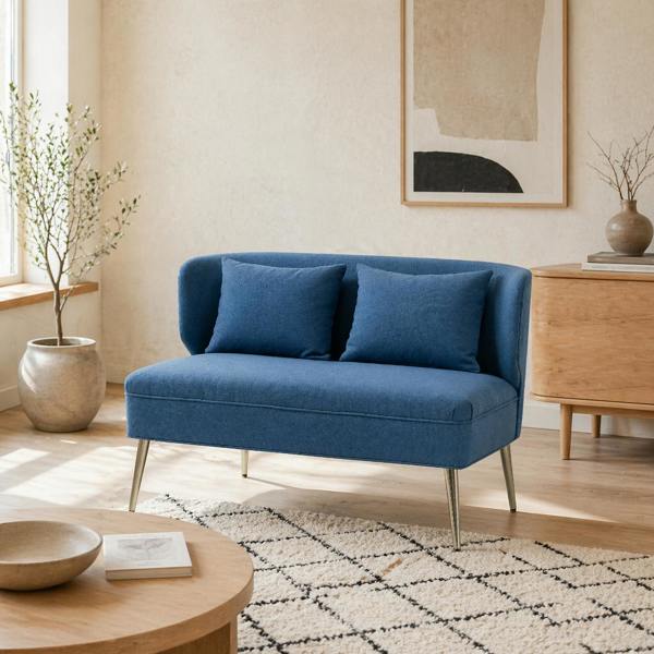 Wyld Haus Taco Linen Look Dark Blue 2 Seater Sofa With Wingback Design And Metal Legs