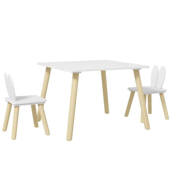 White toddler table and chair set with bunny-ear backrests, 3-piece