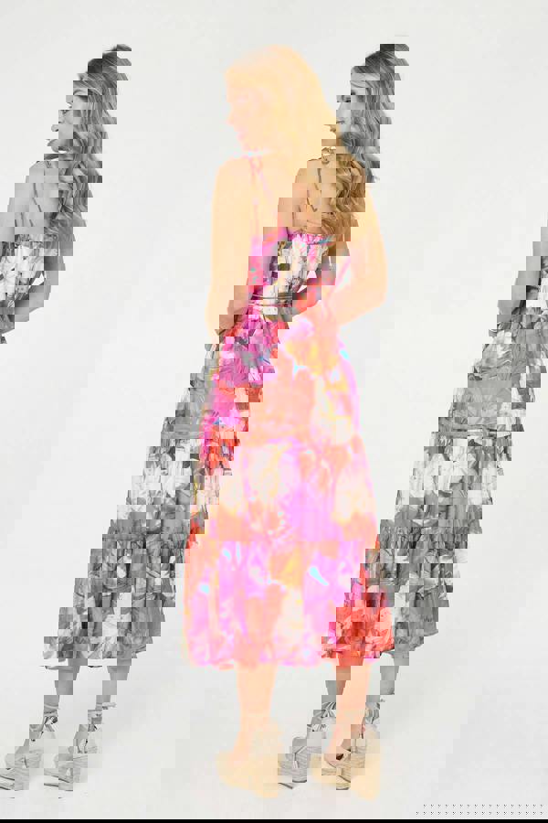 Pink | Floral Tie Strap Tiered Midi Dress