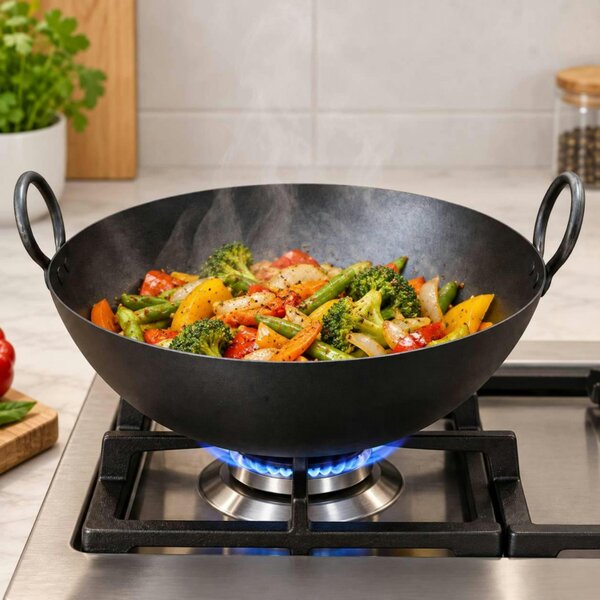 Dyzi 16 Inch Heavy Iron Karahi Deep Frying Cooking Pan with Handles Black