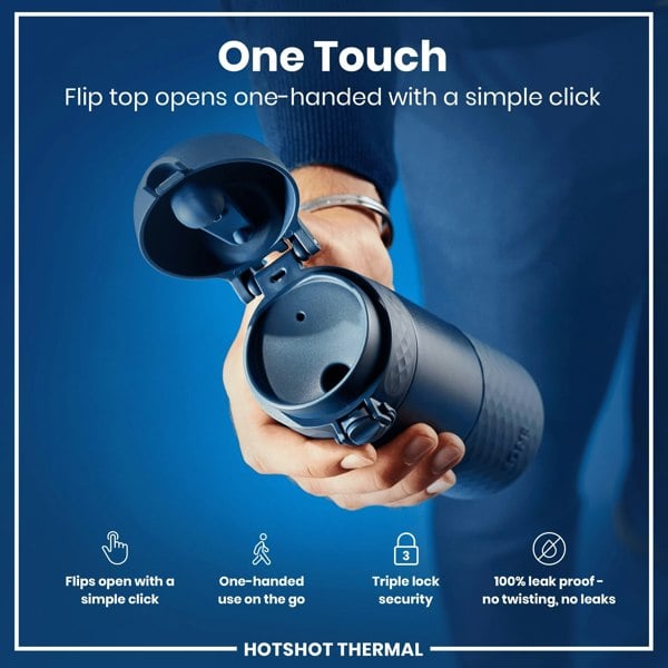 A dark-blue thermos; a hand opens its flip top; against a blue background. "One Touch. Flip top opens one-handed with a simple click. Flips open with a simple click. One-handed use on the go. Triple lock security. 100% leak proof – no twisting, no leaks. HOTSHOT THERMAL"