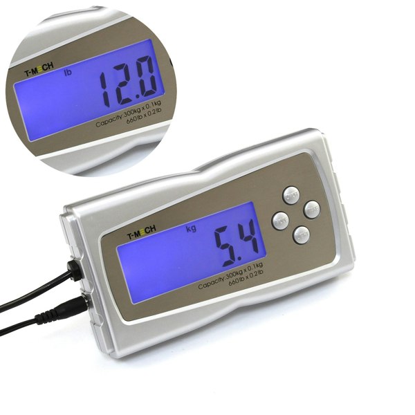 Digital display of T-Mech platform scales showing weight in pounds and kilograms, sleek silver design with large blue backlit screen