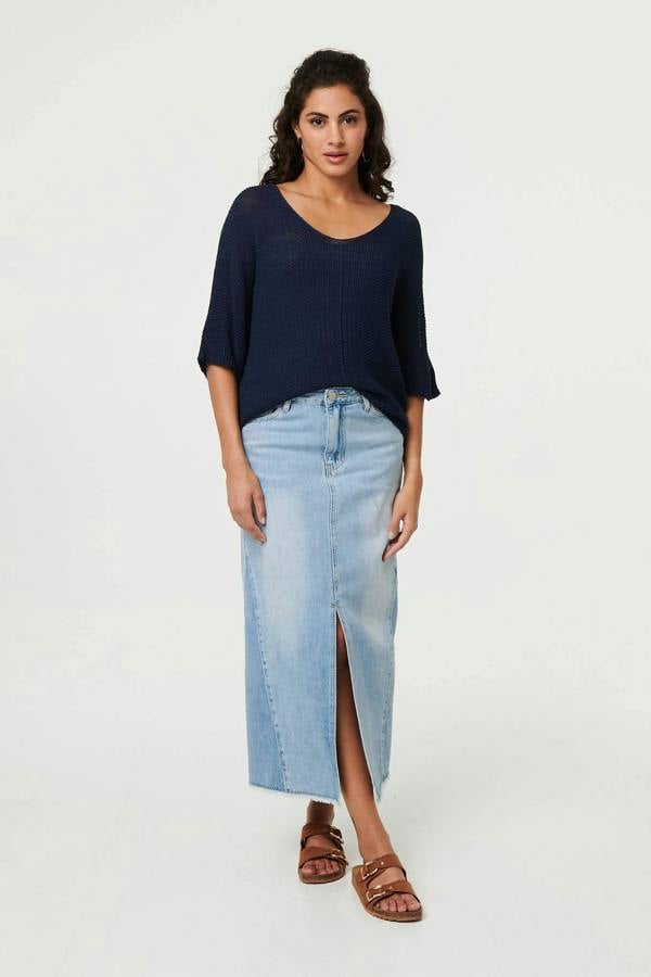 Navy | Sheer Mesh Texture 3/4 Sleeve Jumper