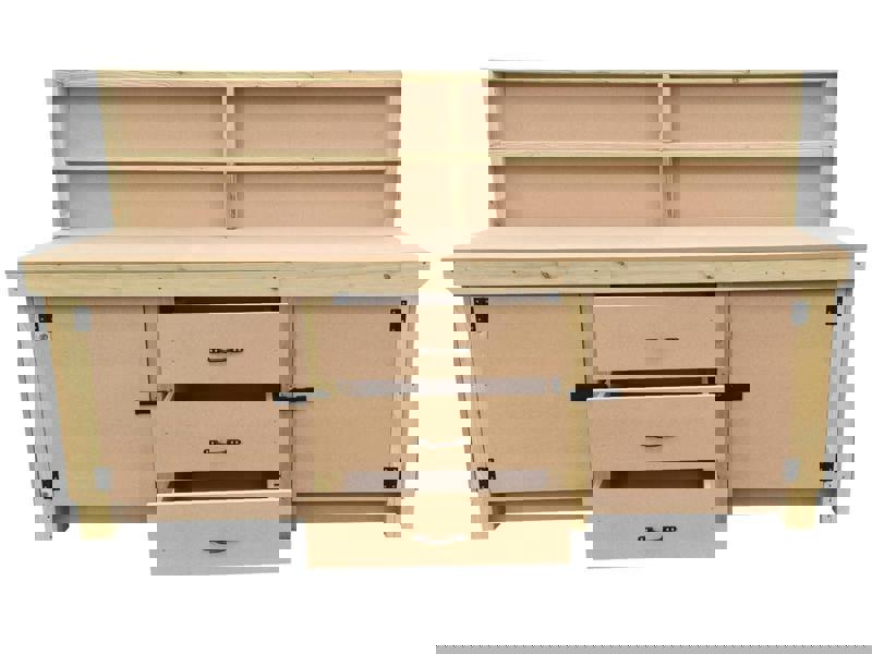 Arbor Garden Solutions Wooden work bench with drawers and double lockable cupboard (V.8) with back panel