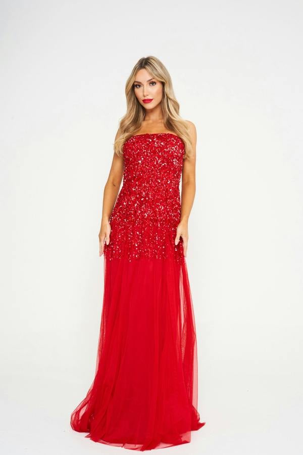 LuvForever Red Off-Shoulder Sequin Embellished Maxi Dress
