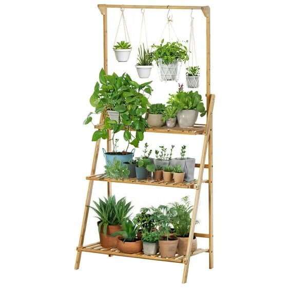 Neo 3‑Tier Foldable Bamboo Plant Stand with Hanging Hook