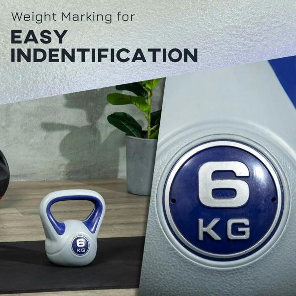 6 kg kettlebell with purple handle and grey body, weight marking visible on base