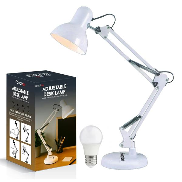 Powatron Adjustable Desk Lamp with UK Plug & E27 Bulb Included – Flexible Metal Arm, Rotatable Head, 150°