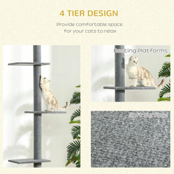 Grey cat tree tower with four tiers, resting platforms, and two cats on the posts