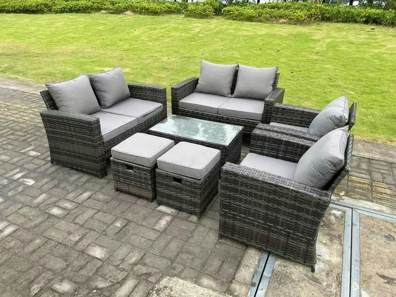 Fimous 8 Seater Dark Grey Mixed High Back Rattan Sofa Set Coffee Table Garden Furniture Outdoor Patio 2 Stools