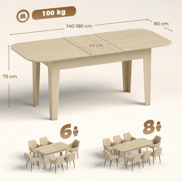 Extendable Oval Dining Table for 4-6, Modern Expandable Kitchen Table, Round Edges, Oak