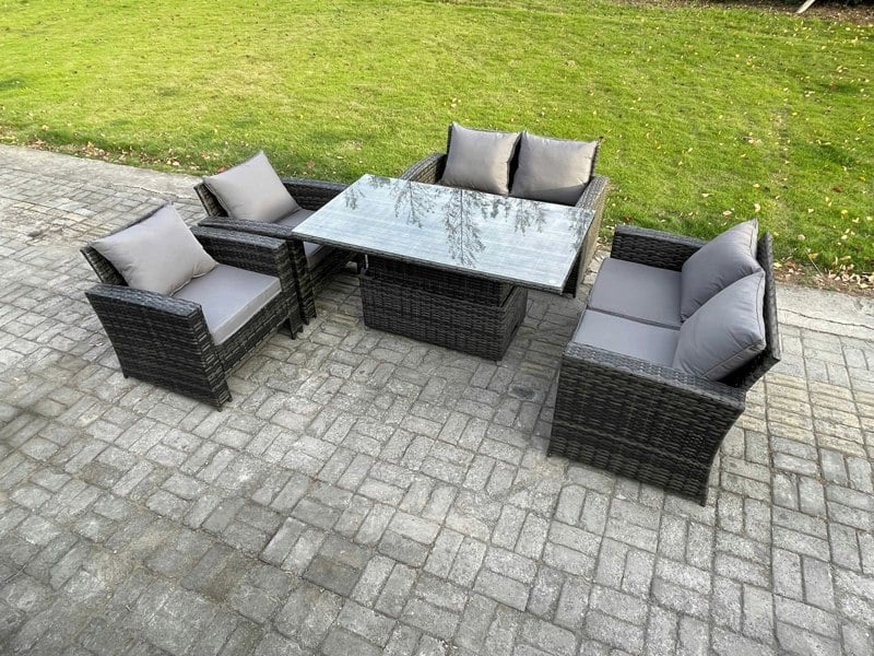 Fimous Rattan Garden Furniture Sets 6 Seater Patio Outdoor Rising Lifting Table Sofa Set with Double Seat Sofa Dark Grey Mixed