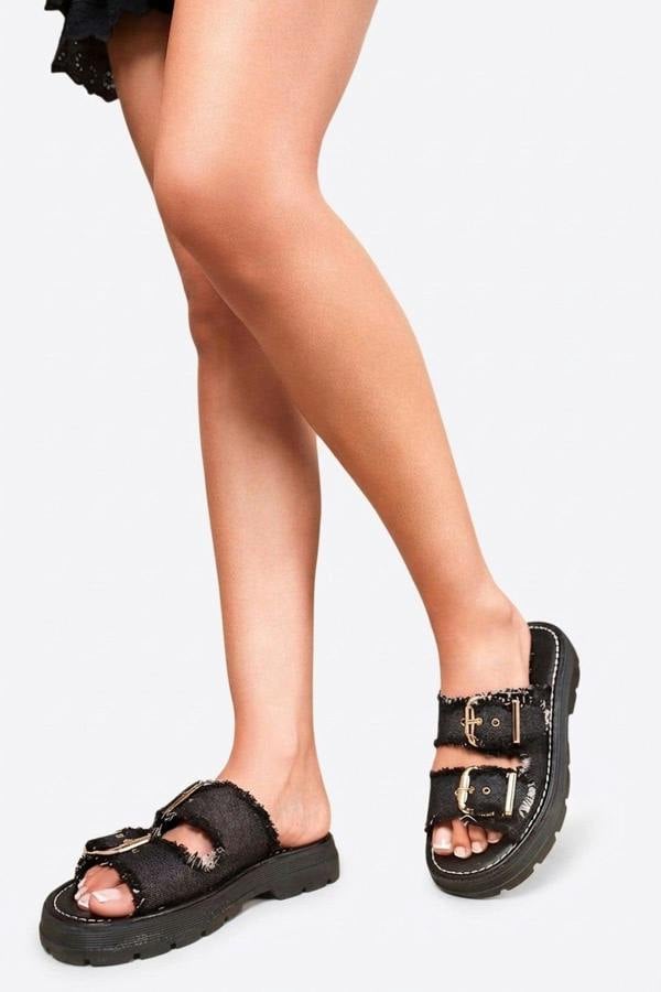 Madelina Double Buckle Denim Platform Sandals - Black_wb