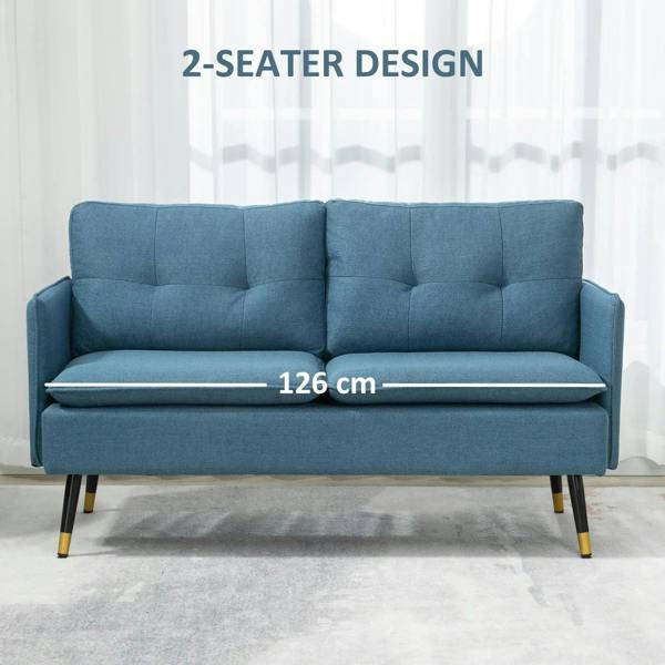 Two-seat blue sofa loveseat with tufted back, armrests, and steel legs