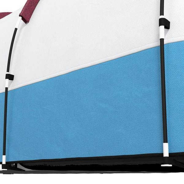 Close-up of blue tent panel with white fabric and black corner webbing.