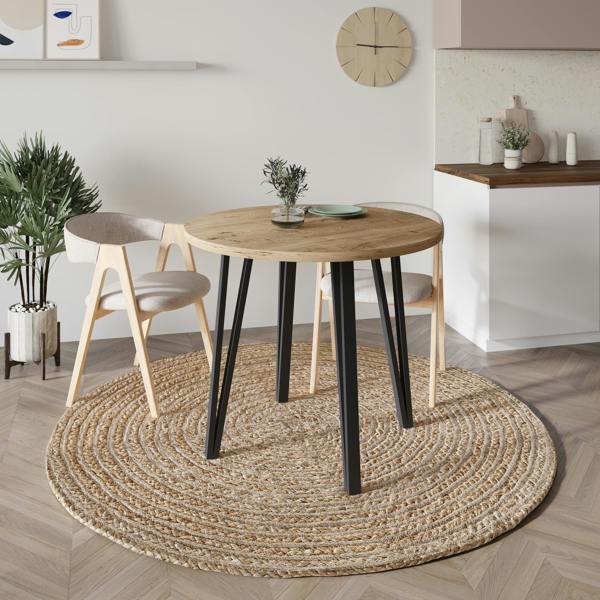 Decortie Modern Xana Round Dining Table up to 4 Seater Black Metal 4 Legs Kitchen Table of 90x77.5cm Natural Oak