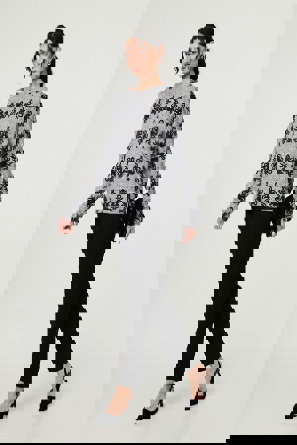 Grey | Printed Long Batwing Sleeve Relaxed Top
