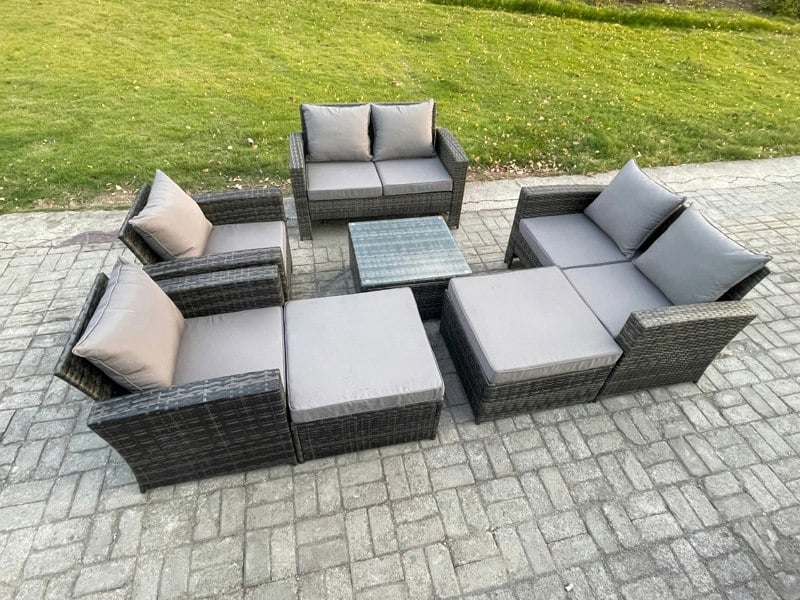 Fimous Rattan Outdoor Garden Furniture Sofa Set Table & Chairs with 2 Big Footstool Dark Grey Mixed