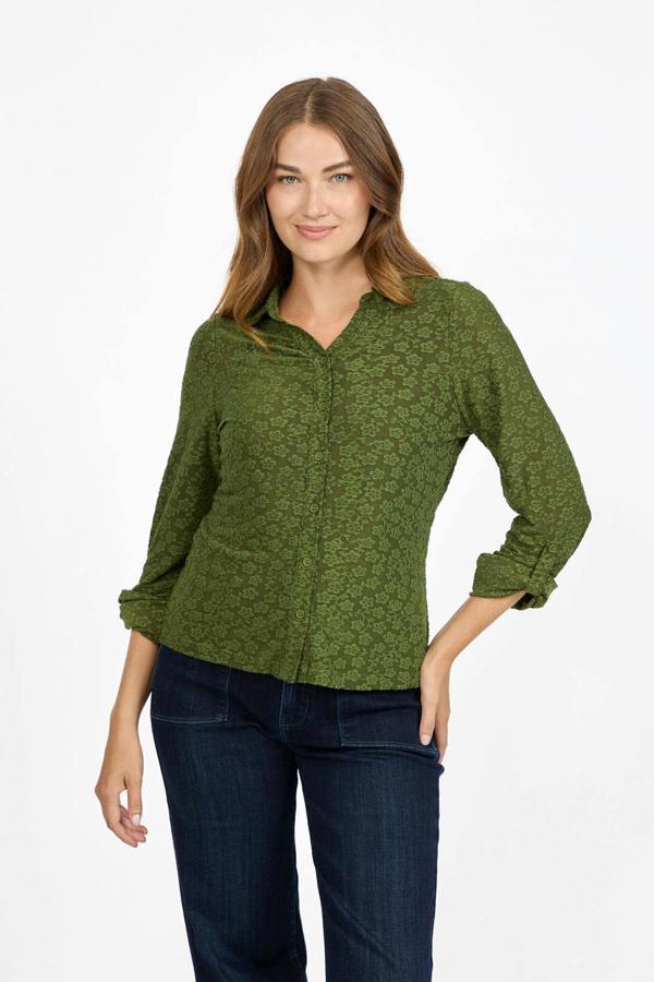 Mudflower Floral Lace Full-Sleeve Stretch Shirt Blouse