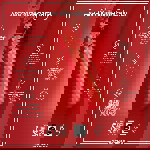 A red, double-walled stainless steel water bottle is held by a hand against a red background. Its features include a hide-away handle, crevice-free design, hygiene cover, and wide opening mouth. The bottle is a 2024 German Design Award winner.