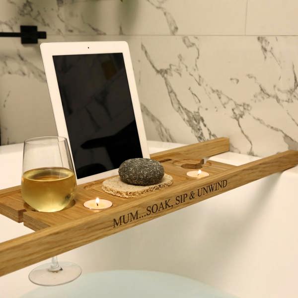 MijMoj Design Personalised Solid Oak Bath Tray Caddy – Luxury Handmade Wooden Bath Board