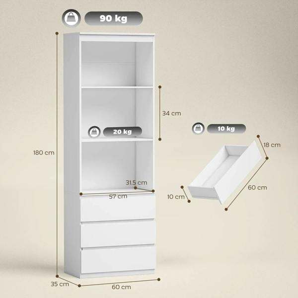 White tall bookcase with open shelves and drawers, shown with size measurements.