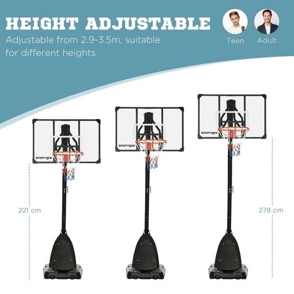 Height-adjustable black basketball hoop stand with multiple height positions