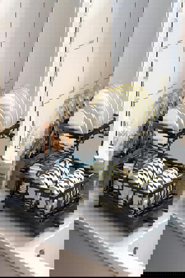 Living and Home 2-Tier Dish Drainer Rack with Kitchen Utensil and Glass Holder - Black