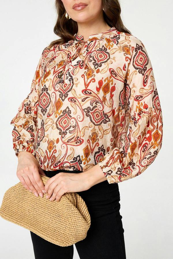 Orange | Printed Tie High Neck Long Sleeve Blouse