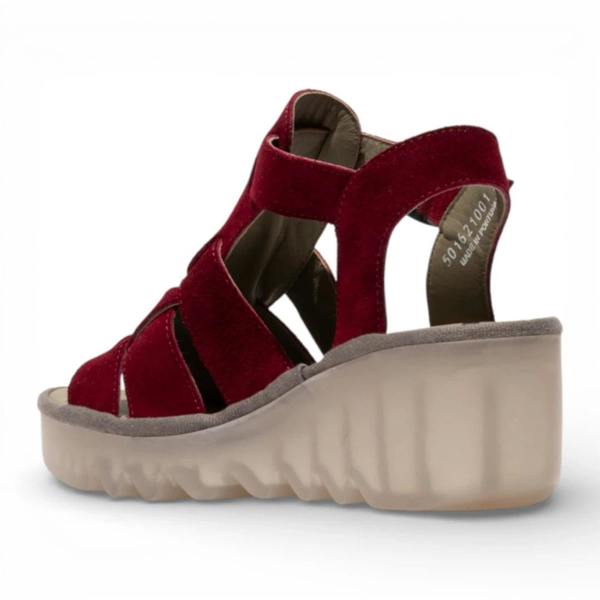 Fly London BAIC621FLY - Women’s Berry Red Suede Leather Wedge Sandal